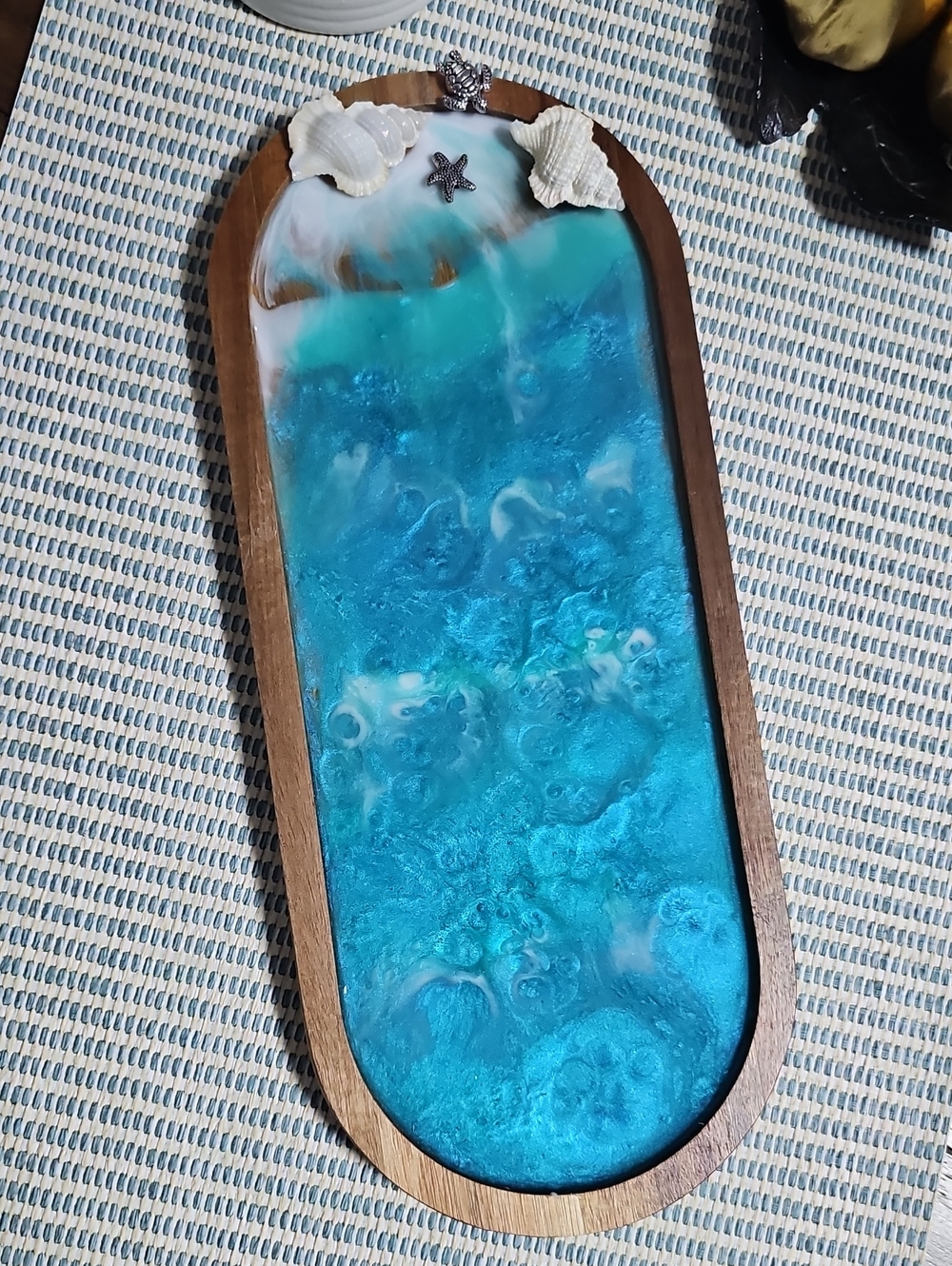 Ocean-Style Resin Tray in Turquoise Blue with Wood Frame